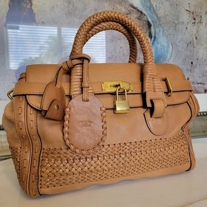 SOLD. Gucci $4,500 Handmade Top Handle Handbag Tan Hand Woven Braided Leather